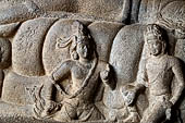 Mamallapuram - Tamil Nadu. the Mahishamardhini cave. The panel of Vishnu recumbent on serpent coils 